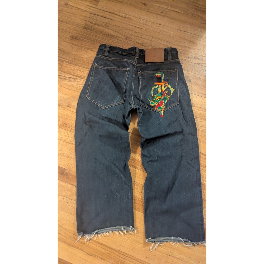 Vintage Ed Hardy Mens Jeans Dragon‎ Sword  Embroidery Dark Wash Denim Size 36x27
